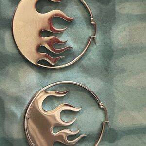 Silver Flame Hoop Earrings Statement Boho Chunky Hoops